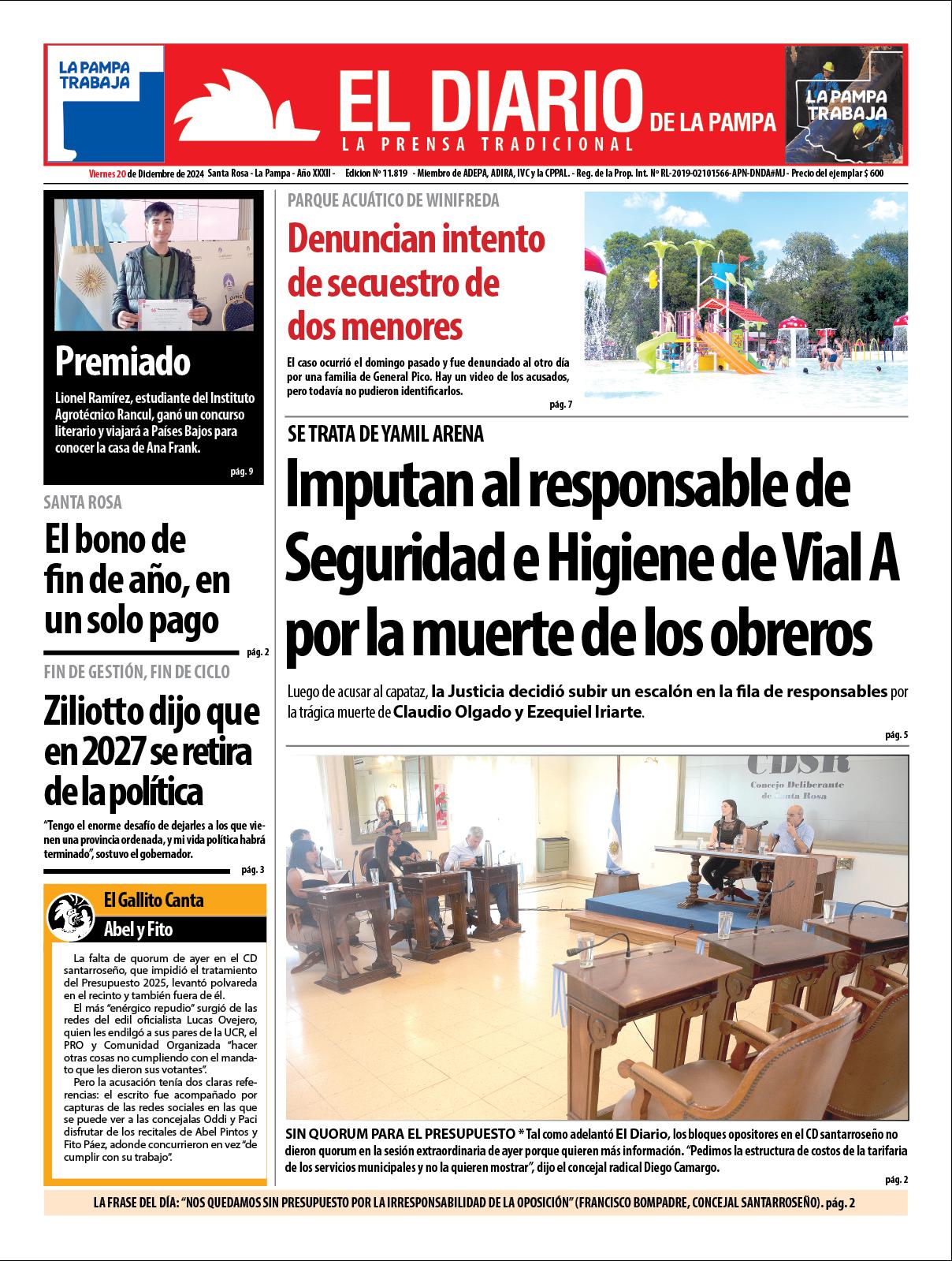 Tapa de El Diario en papel  viernes 20 de diciembre de 2024